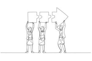 Cartoon of businesswoman and coworkers connecting arrow jigsaw. Concept of problem solving. One line art style vector