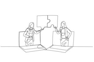 Cartoon of businesswoman and coworker connecting jigsaw puzzle. Concept of business solution. Single continuous line art vector