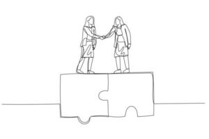 Illustration of businesswoman shake hand standing on jigsaw puzzle. Concept of collaboration. Continuous line art style vector