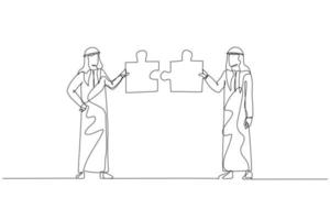 Drawing of arab businessman with friend connecting the puzzle. Concept of networking. Single continuous line art vector