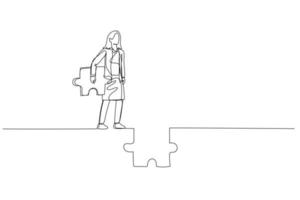 Drawing of businesswoman holding puzzle try to connect the road. Concept of ambition. One line style art vector