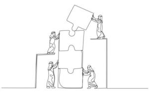 Cartoon of arab businessman with coworker connecting puzzle elements. Concept of teamwork. Continuous line art vector