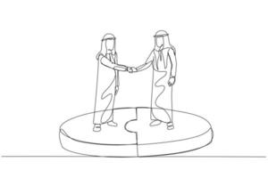 Illustration of arab businessman standing in connected puzzle shaking hand. Concept of business deal. One line art style vector