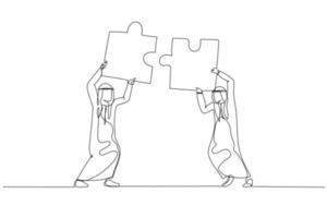 Drawing of arab businessman hold puzzle in the head try to connect puzzle. Concept of partnership. Single line art style vector