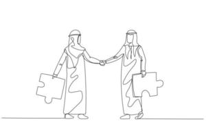 Illustration of arab businessman with puzzles briefcases shake hands. Concept of business connection. One continuous line art style vector