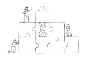 Cartoon of arab businessman connecting puzzles pieces building. Concept of cooperation. Single continuous line art vector