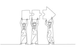 Illustration of arab businessman and coworkers connecting arrow jigsaw. Concept of problem solving. One line style art vector