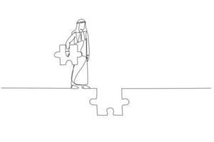 Drawing of arab businessman holding puzzle try to connect the road. Concept of ambition. Single line art style vector