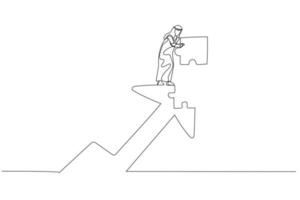 Drawing of arab businessman put last piece of jigsaw puzzle to complete rising up arrow. Concept of growth. Single line art style vector