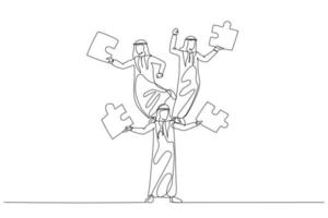 Drawing of arab businessman juggling puzzle from human tower. Concept of teamwork. Continuous line art style vector