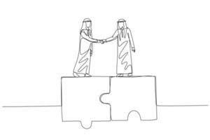 Cartoon of arab businessman shake hand standing on jigsaw puzzle. Concept of collaboration. One line art style vector