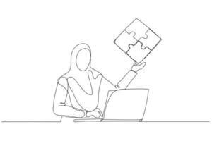 Drawing of muslim woman showing puzzle that connected. Concept of teamwork. Single continuous line art style vector