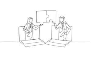 Drawing of arab businessman and coworker connecting jigsaw puzzle. Concept of business solution. Single continuous line art style vector