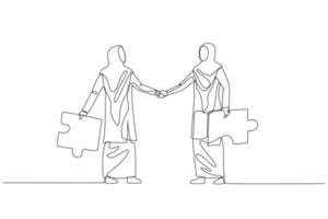 Cartoon of muslim woman with puzzles briefcases shake hands. Concept of business connection. Single continuous line art style vector