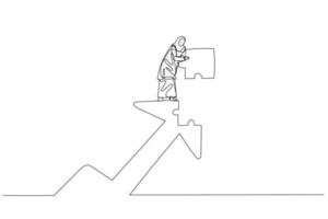 Illustration of muslim woman put last piece of jigsaw puzzle to complete rising up arrow. Concept of growth. Continuous line art vector