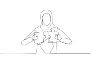 Drawing of muslim woman connecting two puzzle pieces. Concept of creative solution. Single line art style vector