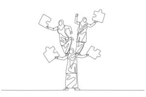 Drawing of muslim woman juggling puzzle from human tower. Concept of teamwork. One continuous line art style vector