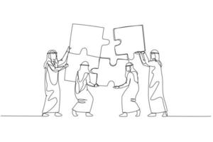 Cartoon of arab businessman with team bringing puzzle together. Concept of teamwork. One line art style vector