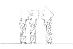 Cartoon of muslim woman and coworkers connecting arrow jigsaw. Concept of problem solving. Single continuous line art vector