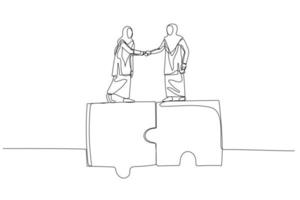 Cartoon of muslim woman shake hand standing on jigsaw puzzle. Concept of collaboration. Single line art style vector