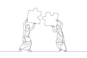 Illustration of muslim woman hold puzzle in the head try to connect puzzle. Concept of partnership. One line art style vector