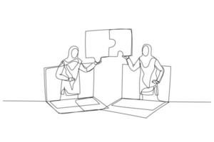 Drawing of muslim woman and coworker connecting jigsaw puzzle. Concept of business solution. One line art style vector