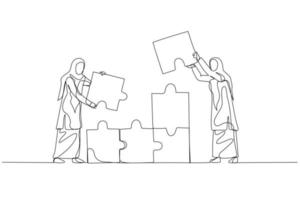 Cartoon of muslim woman making puzzle tower. Concept of teamwork. Continuous line art style vector