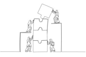 Drawing of muslim woman with coworker connecting puzzle elements. Concept of teamwork. Single continuous line art vector