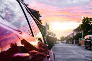 Travel car sea beach street automotive roadtrip sunset background for transport, travel of nature to vehicle auto silhouette landscape light sun car for travel journey trip summer lifestyle car 2023 photo