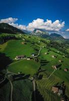 suizo prado campos con casas y montañas, en nublado clima foto