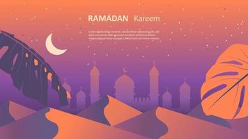 Ramadan Kareem design in modern art style in pastel gradient colors. Banner with sand dunes, moon and stars against the sky. Vector illustration