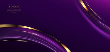 Abstract glowing gold curved lines on dark purple background with lighting effect and sparkle with copy space for text. vector