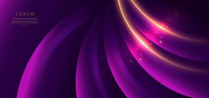 Abstract glowing gold curved lines on dark purple background with lighting effect and sparkle with copy space for text. vector