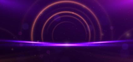 Abstract circle glowing gold lines on dark purple background with lighting effect and sparkle with copy space for text. vector