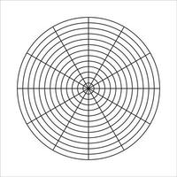 Polar grid of 12 segments and 12 concentric circles. Wheel of life template. Circle diagram of lifestyle balance. Coaching tool. Vector blank polar graph paper.