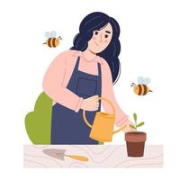Vector illustration of girl watering seedling in plant pot. Spring or summer. Woman is planting plants. Gardening and horticulture. Happy woman with watering can.