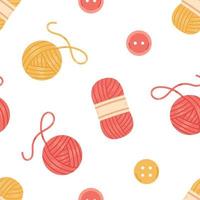 Vector seamless pattern with buttons, wool yarn balls and skeins for knitting. Red and yellow knit threads on white background. Cozy crafting hobby.