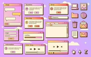 Vector set of retro vaporwave computer interface. Gradient browser and dialog window templates. Nostalgic OS. Retro icons.