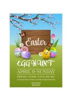 easter poster with wooden signboard and colorful eggs on spring background. egg hunt flyer with flowers and easter eggs vector