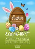 easter poster with egg shaped signboard and colorful eggs on spring background. egg hunt flyer with flowers and easter eggs vector