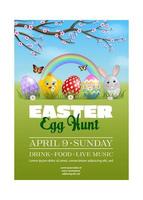 easter poster with colorful eggs on spring background. egg hunt flyer vector