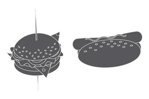 Set of Grayscale image of a hamburger on a skewer and a hot dog. Fast Food. Happy hamburger day. EPS vector