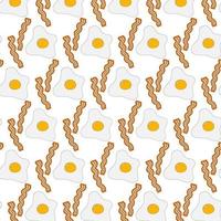 Appetizing fried eggs and bacon strips with spices. Seamless pattern for World Egg Day. Fast food vector