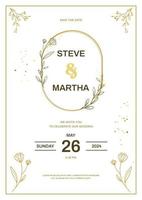 Minimalist wedding invitation template with gold hand drawn floral vector