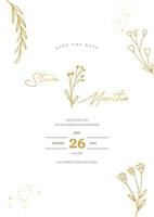 Minimalist wedding invitation template with gold hand drawn floral vector