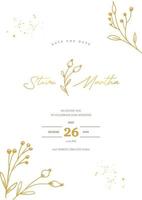 Minimalist wedding invitation template with gold hand drawn floral vector