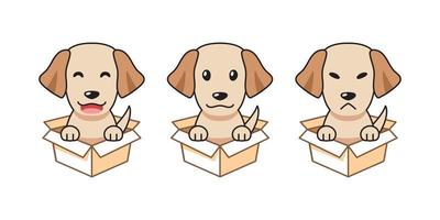 Vector cartoon illustration set of labrador retriever dog showing different emotions in cardboard boxes
