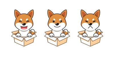 Vector cartoon illustration set of shiba inu dog showing different emotions in cardboard boxes