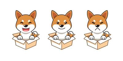 Vector cartoon illustration set of shiba inu dog showing different emotions in cardboard boxes