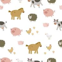 Seamless pattern with cartoon cow, sheep, horse, pig. Farm. Flat colorful vector for kids. hand drawing. animals. baby design for fabric, textile, wrapper, print.